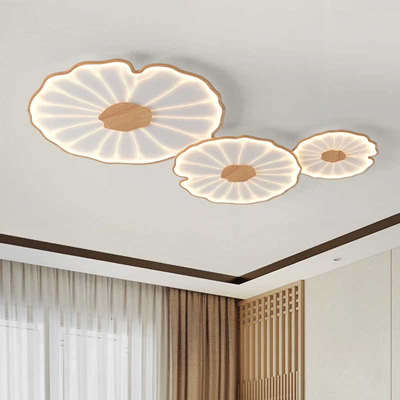 plafonnier moderne à grain de bois pour salon chambre à coucher étude crèche pour enfants conception de feuille de lotus lustre à LED en métal - Image 5