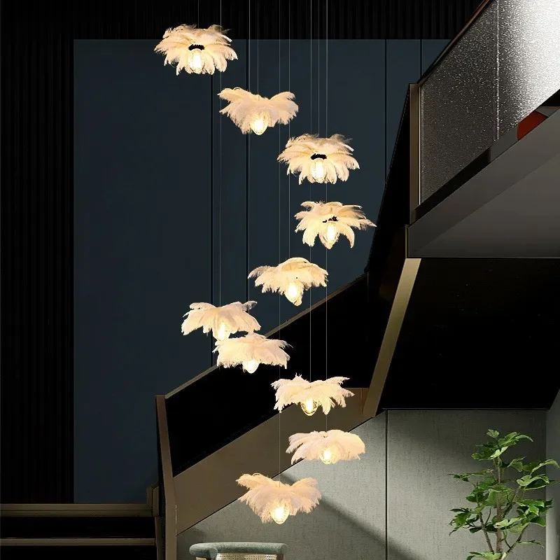 2024Staircase Feather Chandelier Ostrich Glass Design Pendant Chandelier Lighting Home Decor Suspend Lustre Fixtures - Image 4