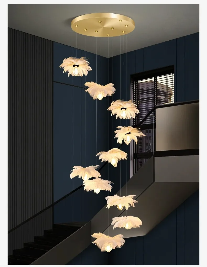 2024Staircase Feather Chandelier Ostrich Glass Design Pendant Chandelier Lighting Home Decor Suspend Lustre Fixtures - Image 6