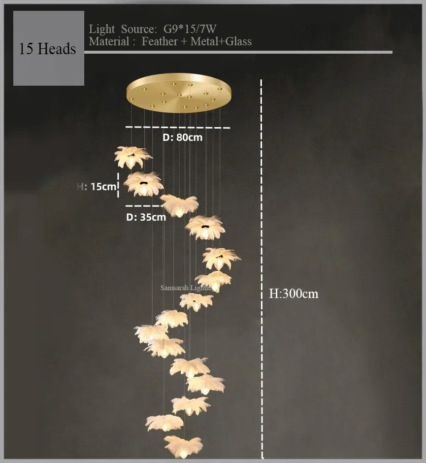 2024Staircase Feather Chandelier Ostrich Glass Design Pendant Chandelier Lighting Home Decor Suspend Lustre Fixtures - Image 7