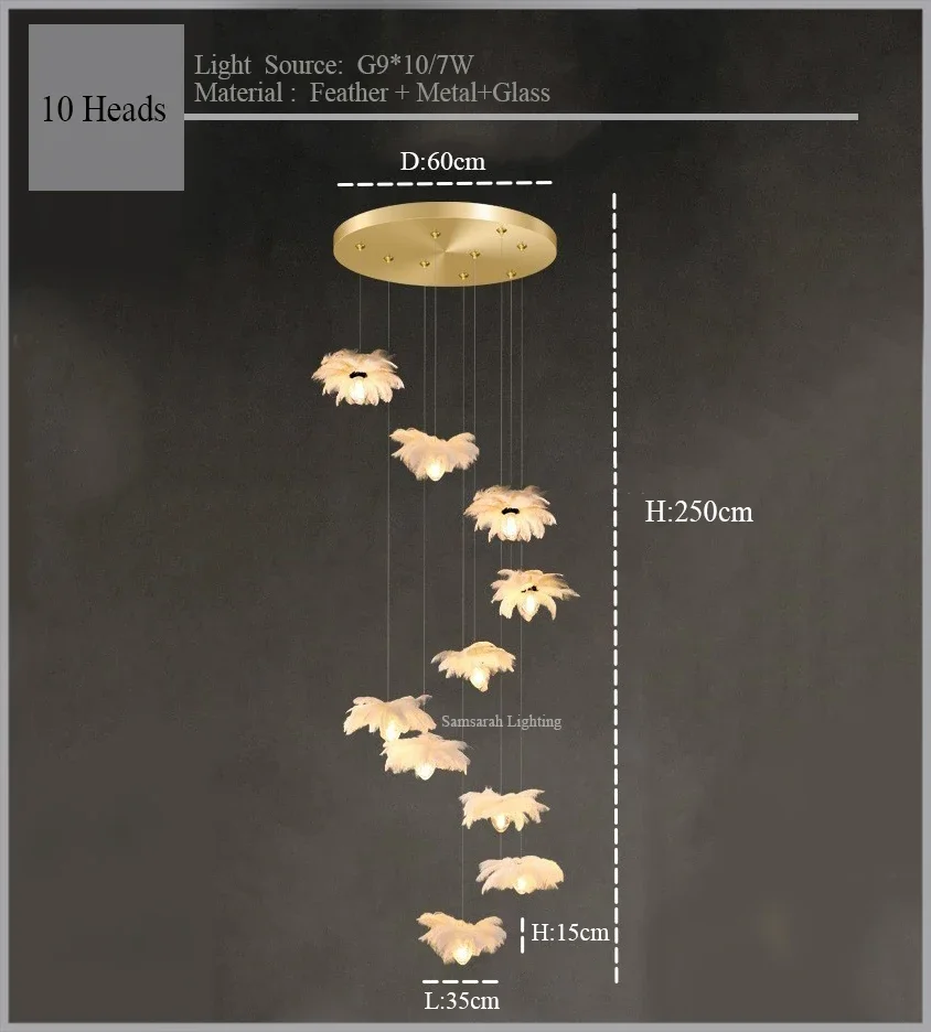 2024Staircase Feather Chandelier Ostrich Glass Design Pendant Chandelier Lighting Home Decor Suspend Lustre Fixtures - Image 8