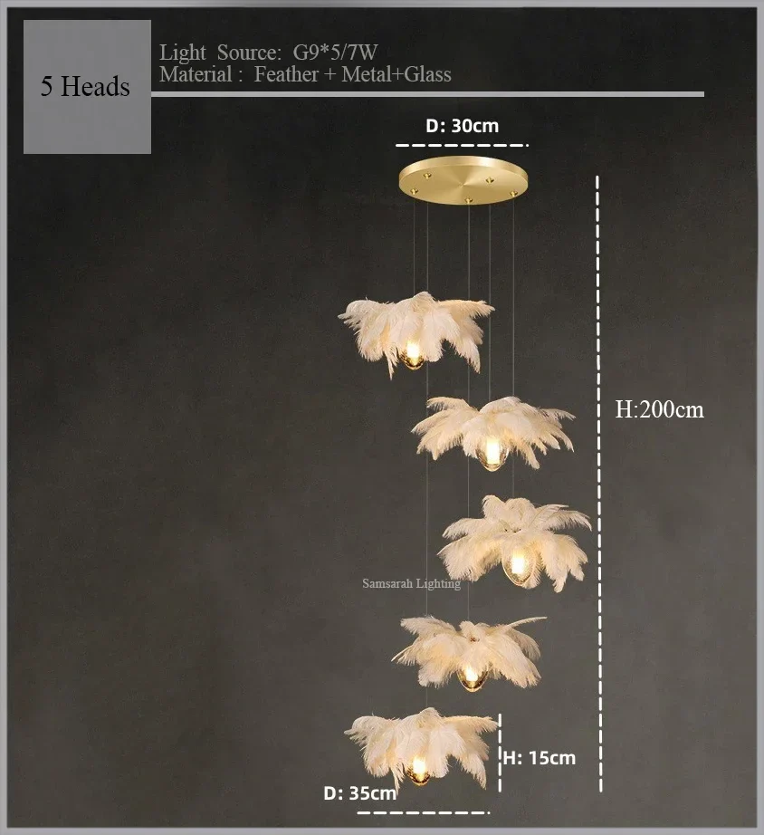 2024Staircase Feather Chandelier Ostrich Glass Design Pendant Chandelier Lighting Home Decor Suspend Lustre Fixtures - Image 9