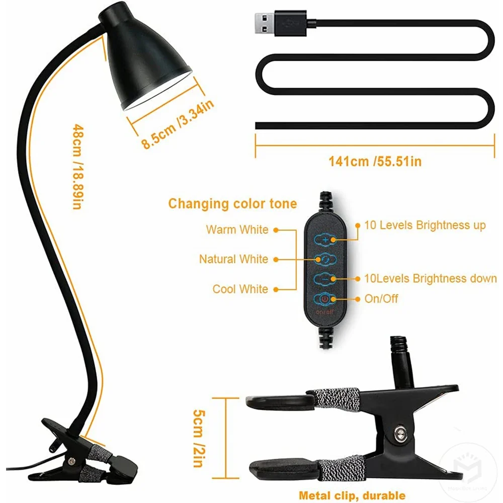 38 LED Desk Lamp 3 Color Modes 10 Brightness Dimmer Reading Light Auto Off Timer Desk Light Flexible Gooseneck Clip Book Light - Image 4