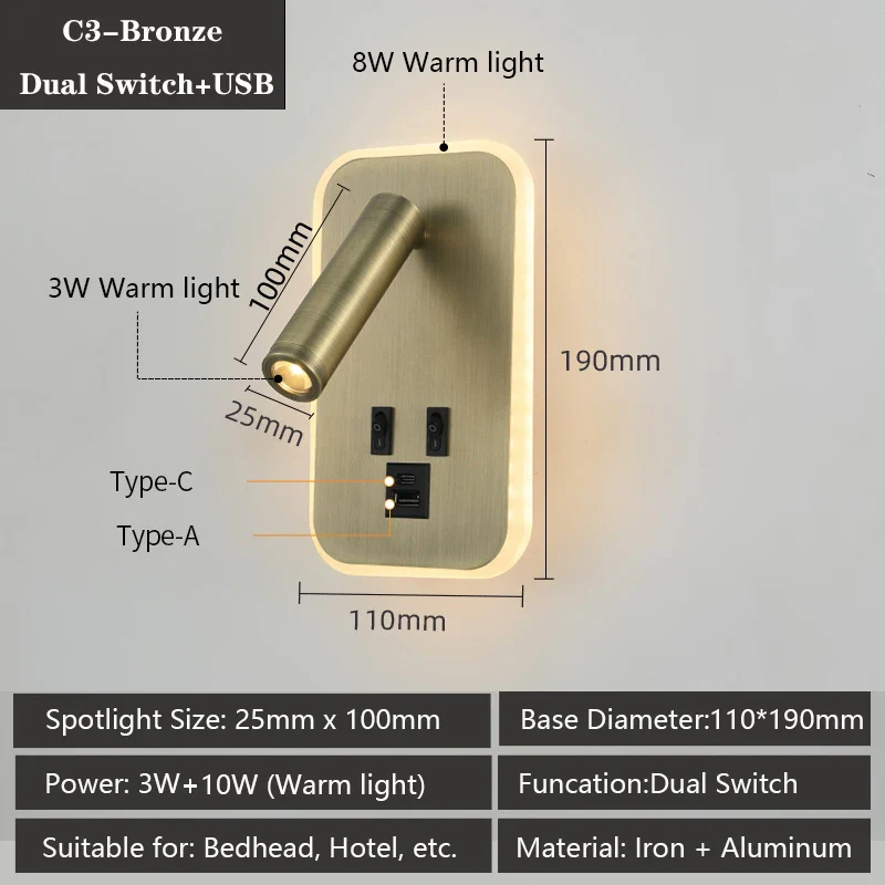 applique murale led moderne avec ports usb et lampes de lecture réglables - Image 11