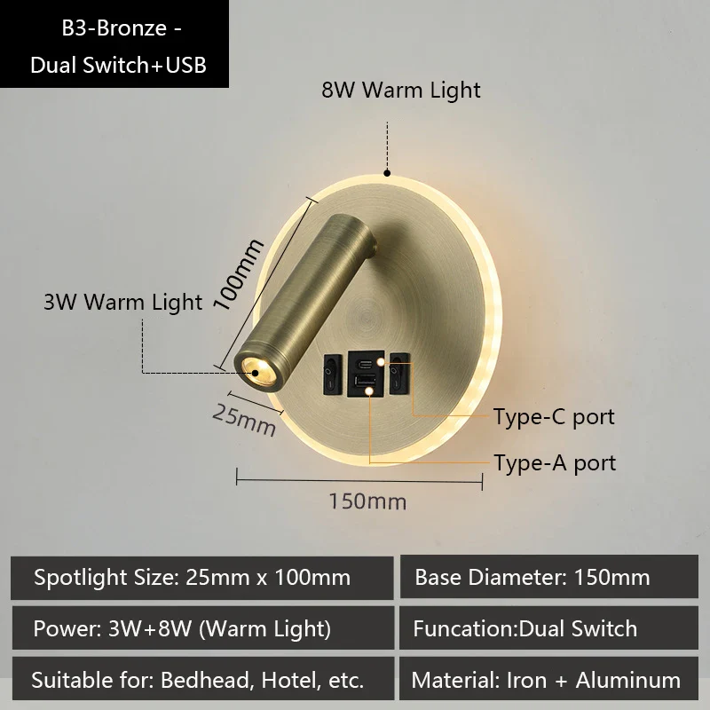 applique murale led moderne avec ports usb et lampes de lecture réglables - Image 12
