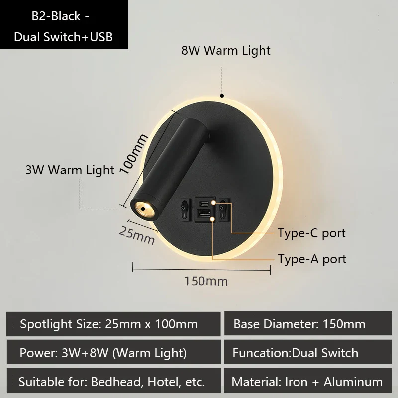 applique murale led moderne avec ports usb et lampes de lecture réglables - Image 14