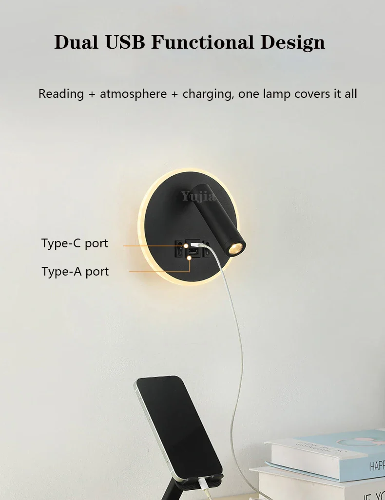 applique murale led moderne avec ports usb et lampes de lecture réglables - Image 6