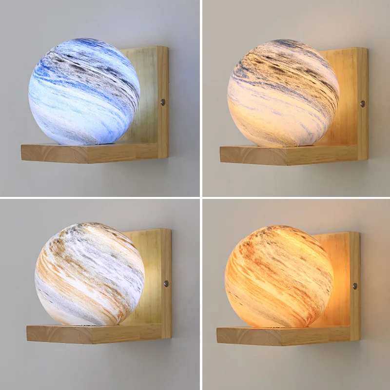 applique murale moderne en bois avec abat-jour planète led - Image 3