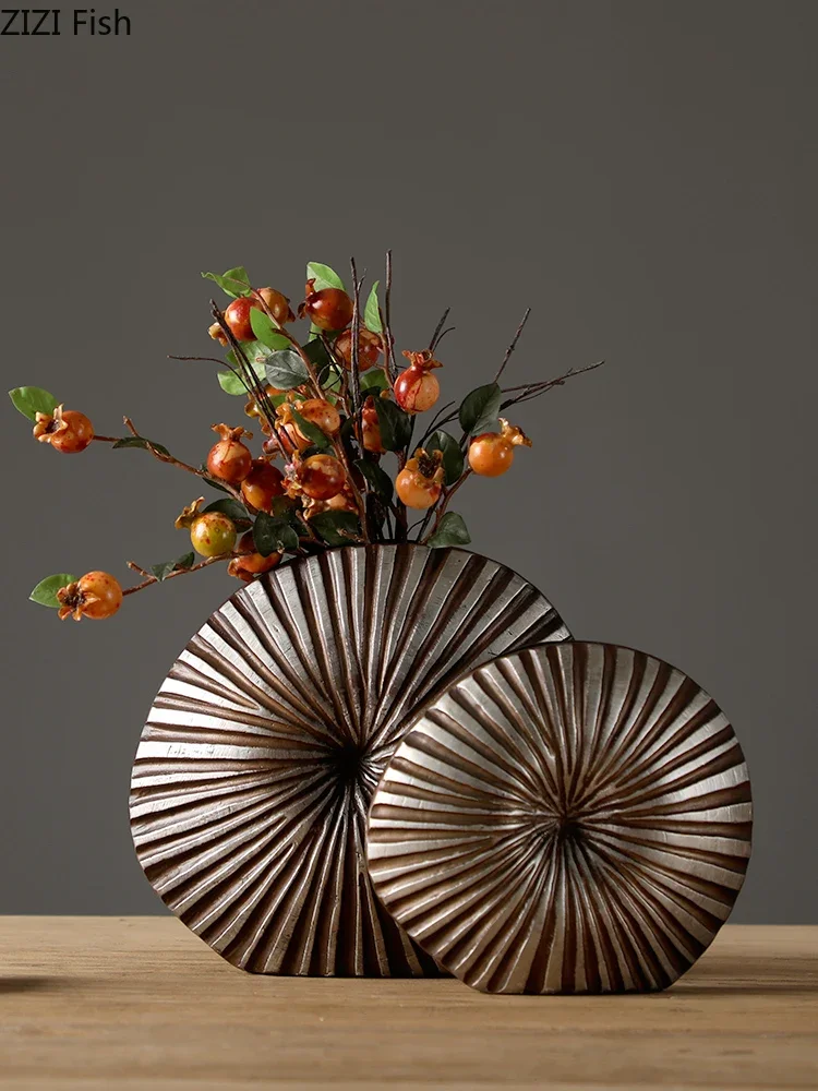 vase floral en résine à fleurs moderne rayures bois - Image 2