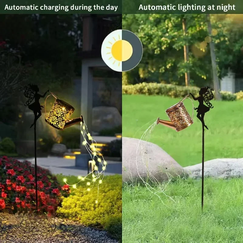 arrosoir solaire avec lumières de jardin et statues de fées - Image 4