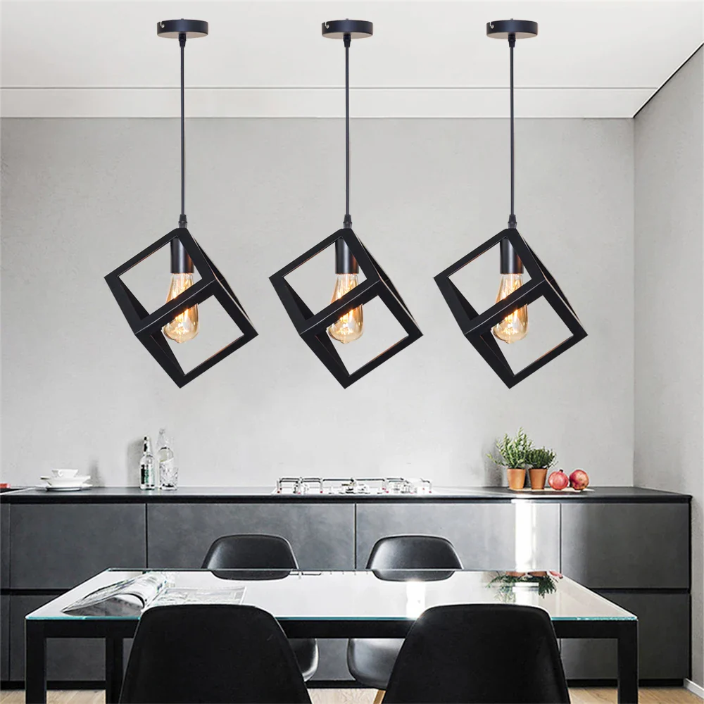 Black Geometric Pendant Lighting Modern Square Hanging Light Ceiling Fixture for Kitchen Island, Foyer, Hallway, Bedroom E27 - Image 2