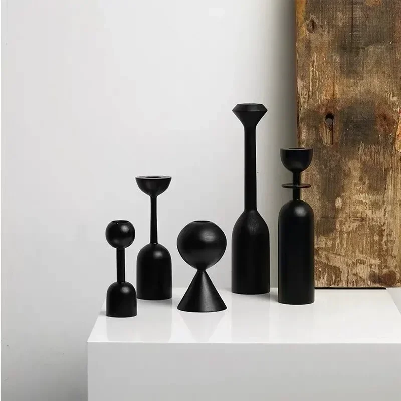 bougeoir en bois noir style nordique décoration artistique pour intérieur - Image 2