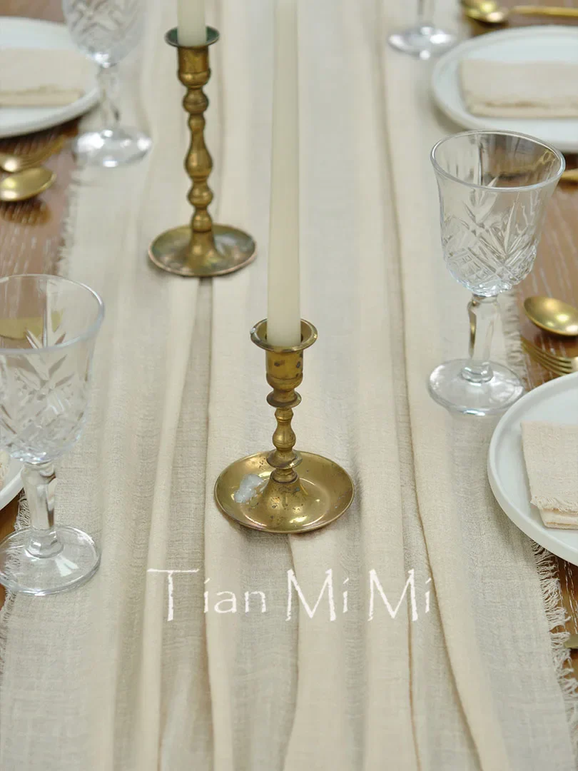 Chemin de table coton gaze beige boheme mariage - Image 5