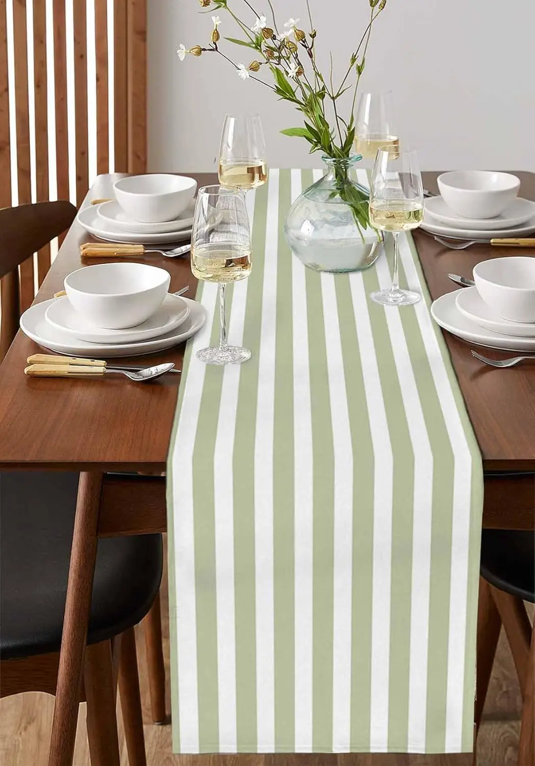 Chemin de table lin rayures vert sauge campagne - Image 3