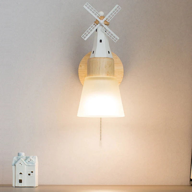 Décor nordique moulin à vent applique murale appliques pour la maison salon enfants chambre chevet miroir lumières bois luminaire - Image 2