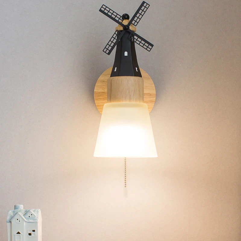 Décor nordique moulin à vent applique murale appliques pour la maison salon enfants chambre chevet miroir lumières bois luminaire - Image 4