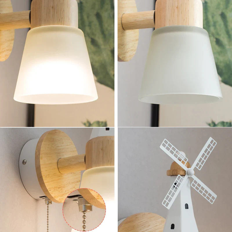 Décor nordique moulin à vent applique murale appliques pour la maison salon enfants chambre chevet miroir lumières bois luminaire - Image 5