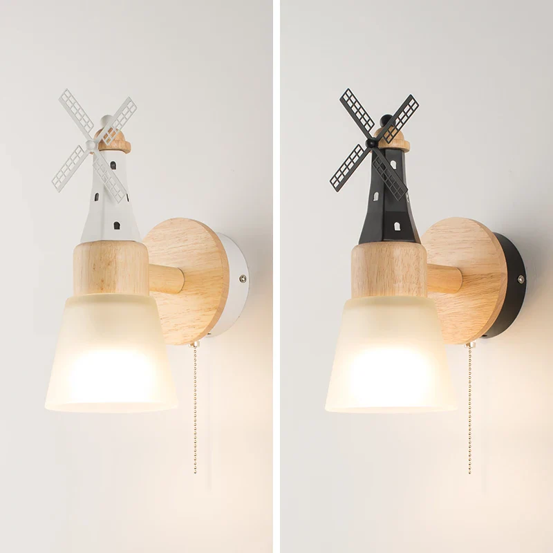 Décor nordique moulin à vent applique murale appliques pour la maison salon enfants chambre chevet miroir lumières bois luminaire - Image 6