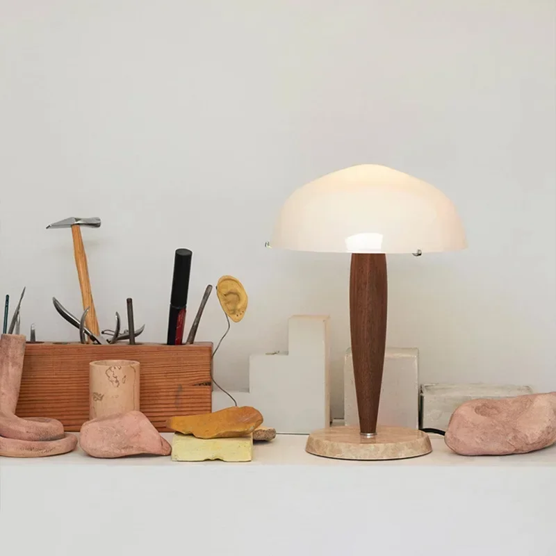 Denmark&Traraditino Herman SHY3 Walnut Wood Desk Lamp Table Light Marble Base Glass Shade - Image 3