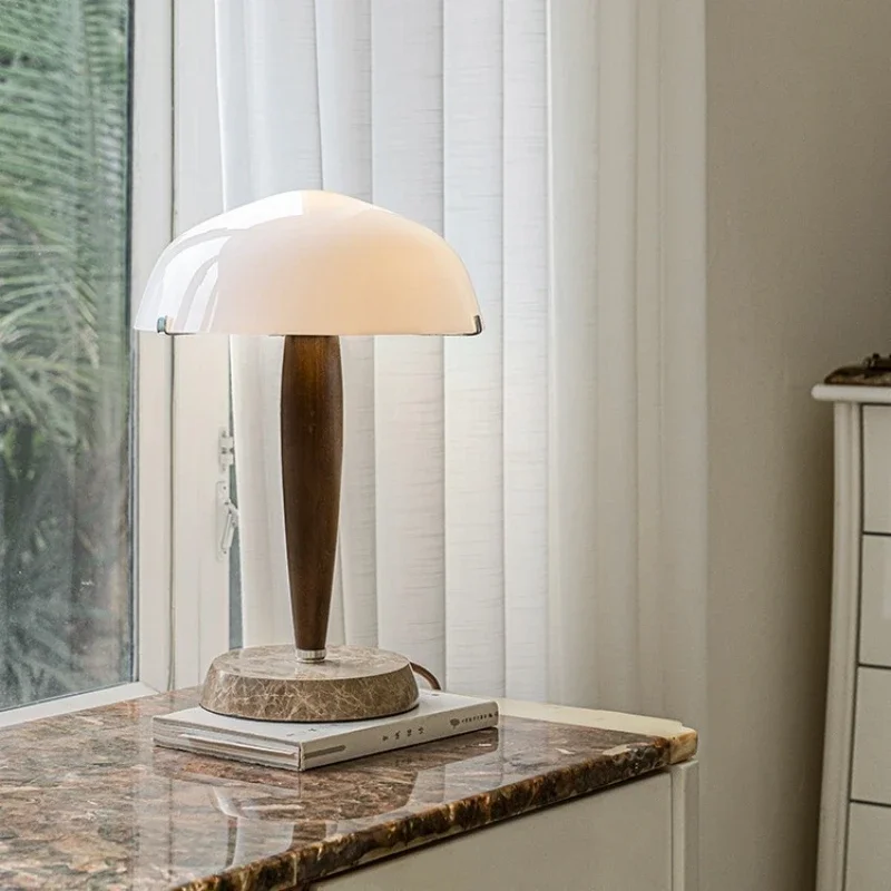 Denmark&Traraditino Herman SHY3 Walnut Wood Desk Lamp Table Light Marble Base Glass Shade - Image 4