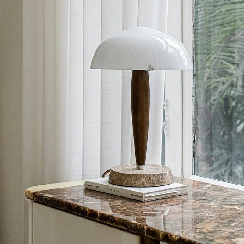 Denmark&Traraditino Herman SHY3 Walnut Wood Desk Lamp Table Light Marble Base Glass Shade - Image 5