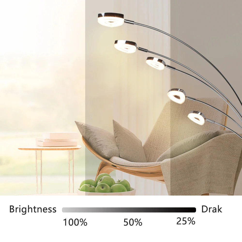 Depuley Lampadaire LED à 5 lumières à intensité variable pour chambre à coucher avec bras et tête réglables - Lampes modernes à poteaux hauts pour bureau - Image 4