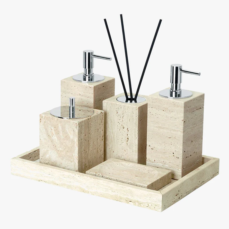 ensemble accessoires salle de bain en travertin beige naturel - Image 6
