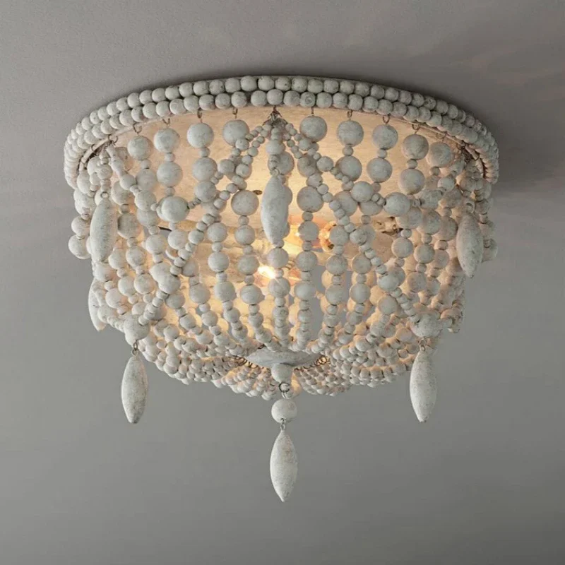 French Style Retro Pendant Lights For Living Room Bedroom Children'S Room Princess White Wood Bead Decorative Indoor Lighting - Image 2