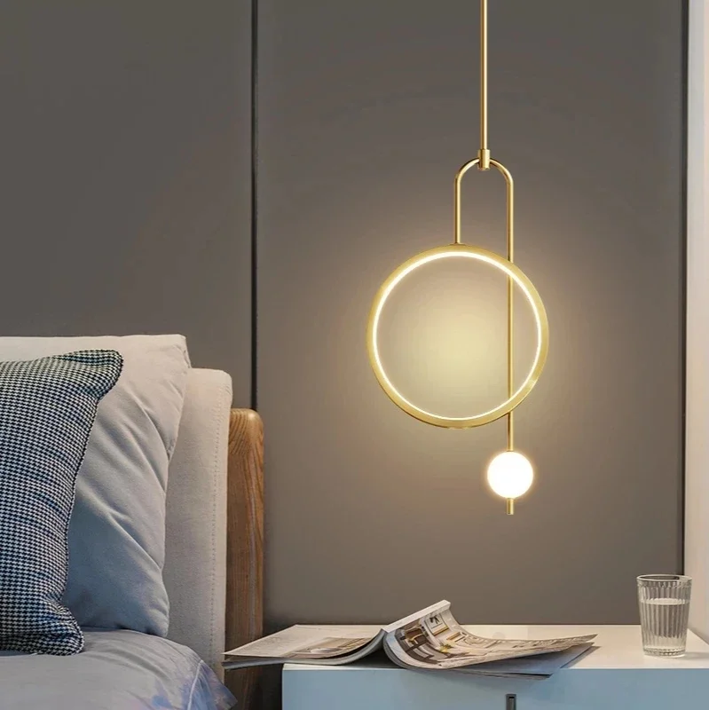 Gold Ring Pendant Light Modern Ball Led Hanging Lamp Bedroom Bedside Nordic Living Room Home Decor Background Lighting - Image 4