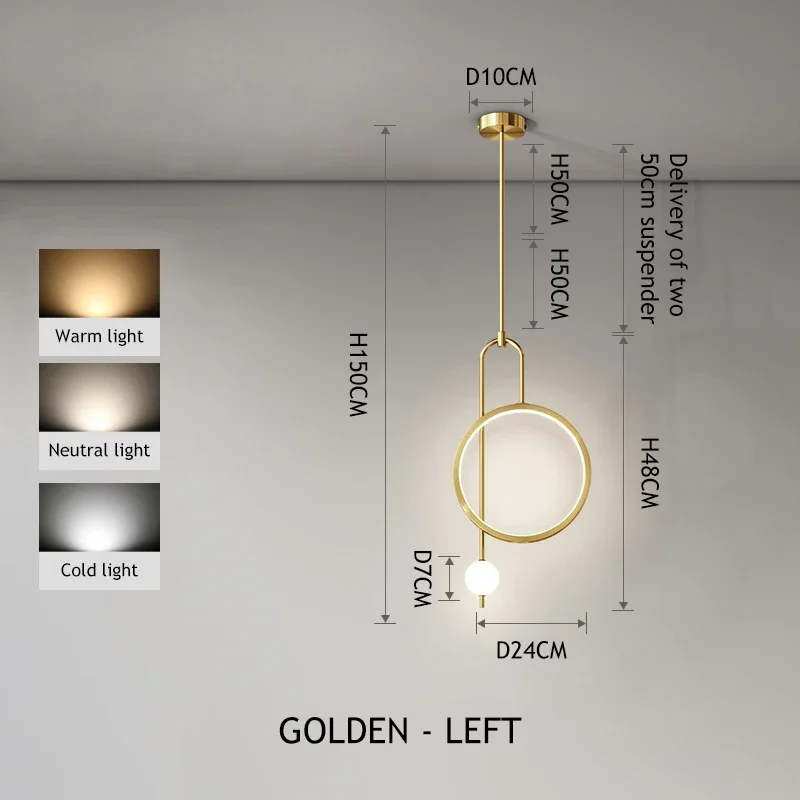Gold Ring Pendant Light Modern Ball Led Hanging Lamp Bedroom Bedside Nordic Living Room Home Decor Background Lighting - Image 9