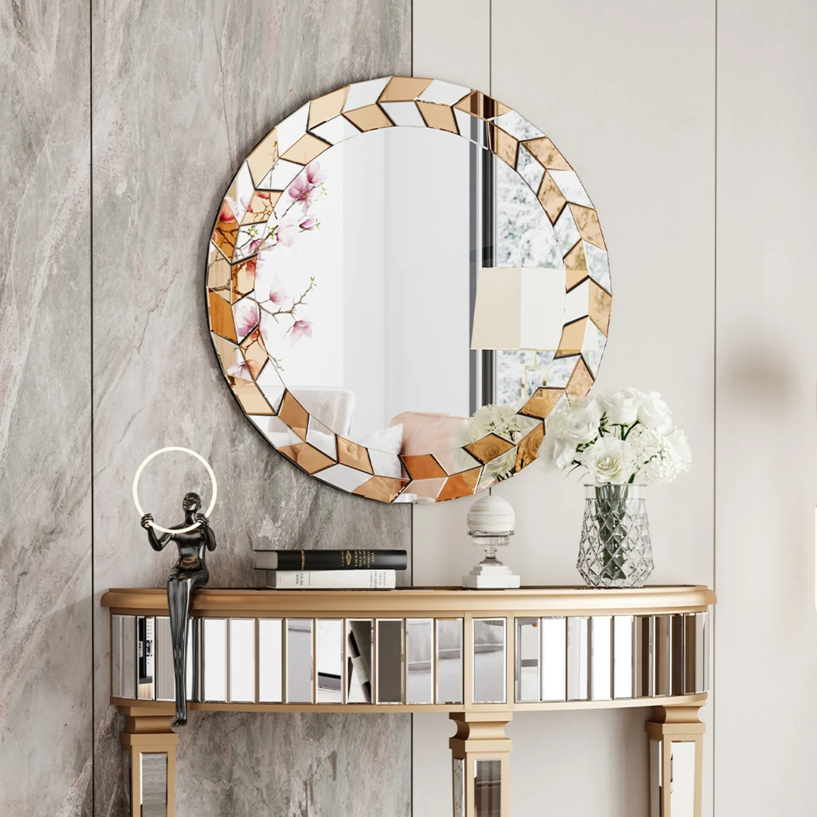 grand miroir décoratif rond avec cadre en verre biseauté style moderne - Image 2