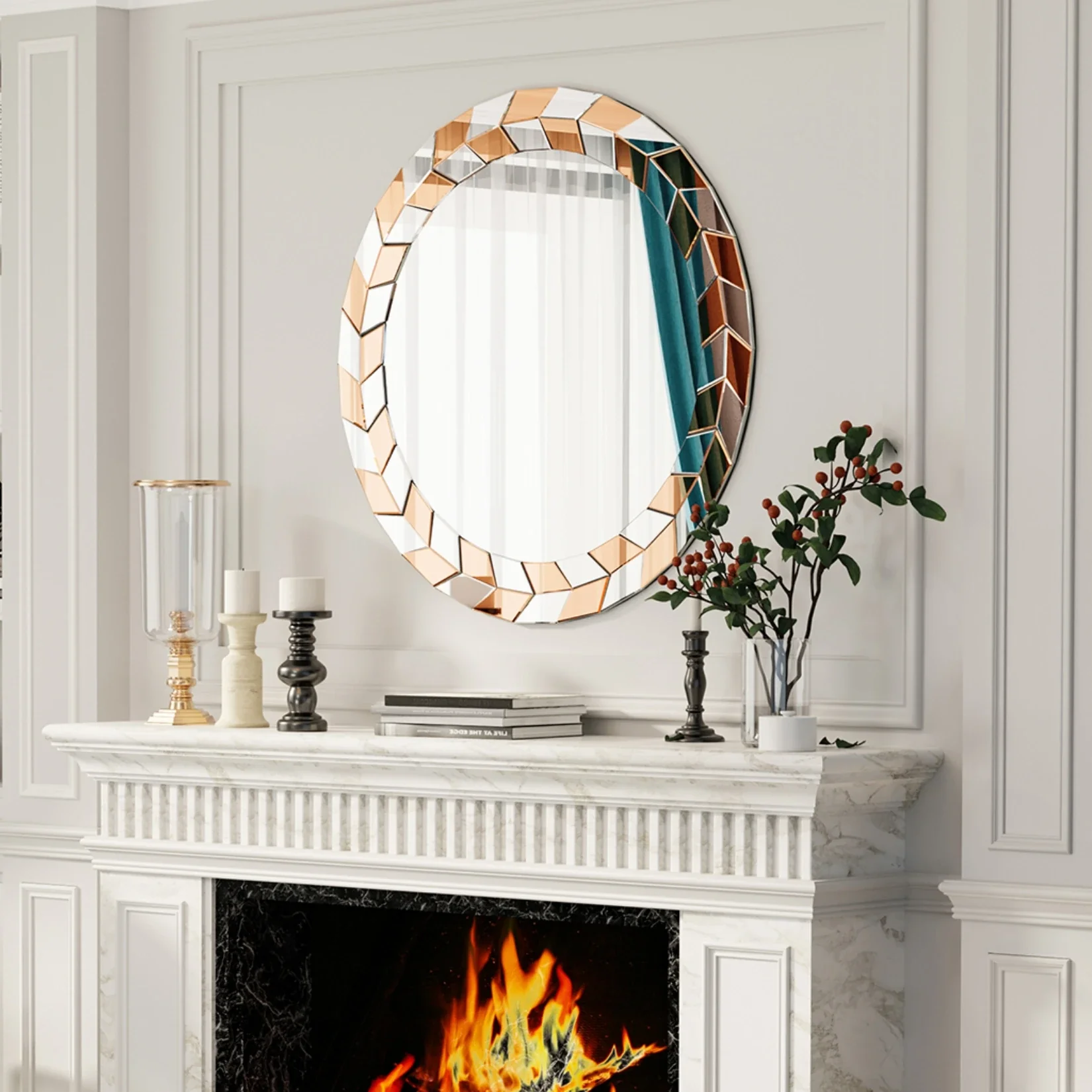 grand miroir décoratif rond avec cadre en verre biseauté style moderne - Image 3