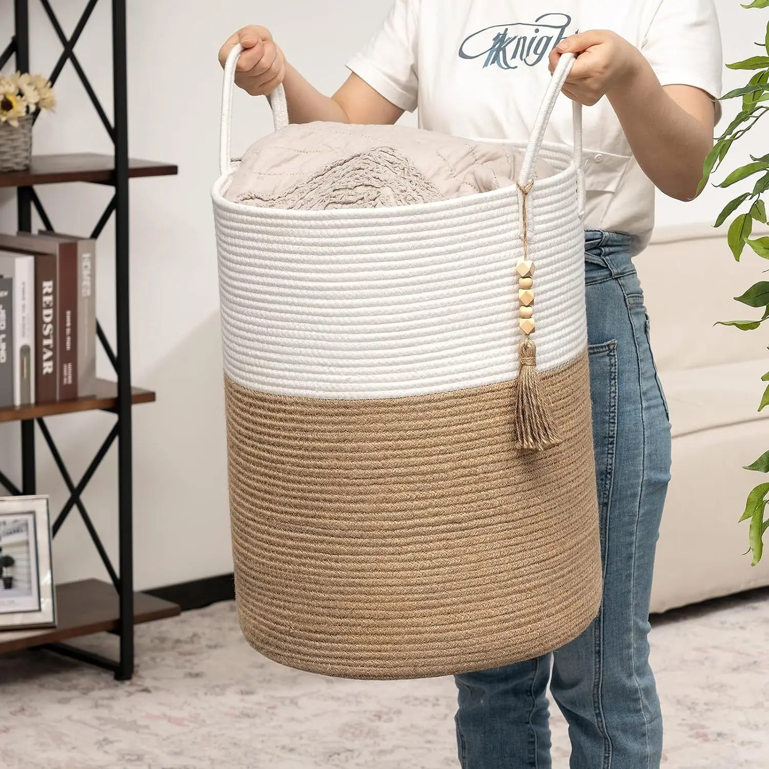 grand panier de rangement tissé avec poignées pliable pour jouets et linge - Image 5