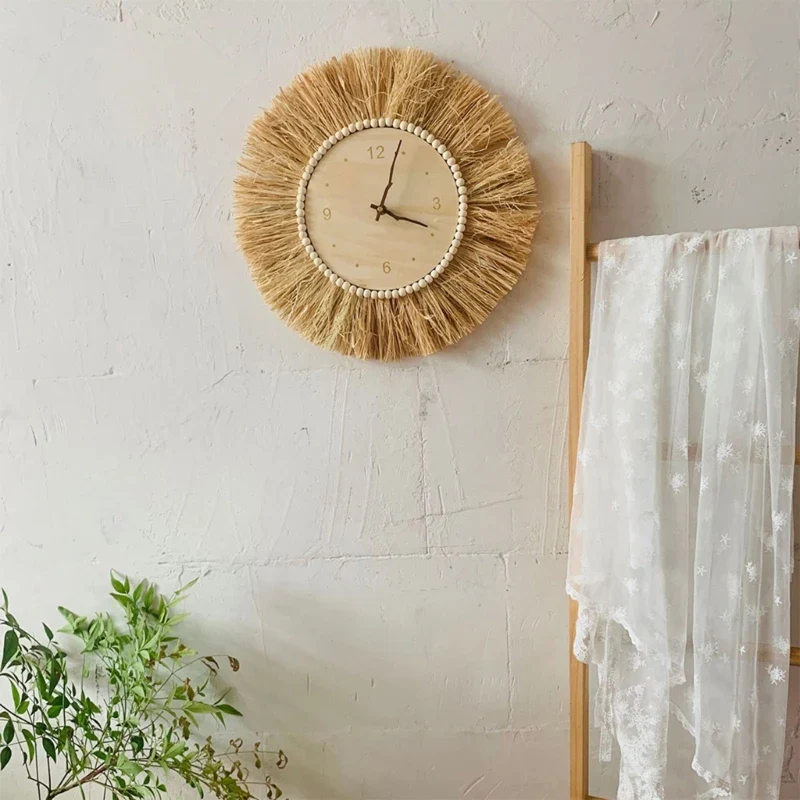 horloge murale artisanale style nordique en paille tissée avec aiguilles mobiles - Image 3