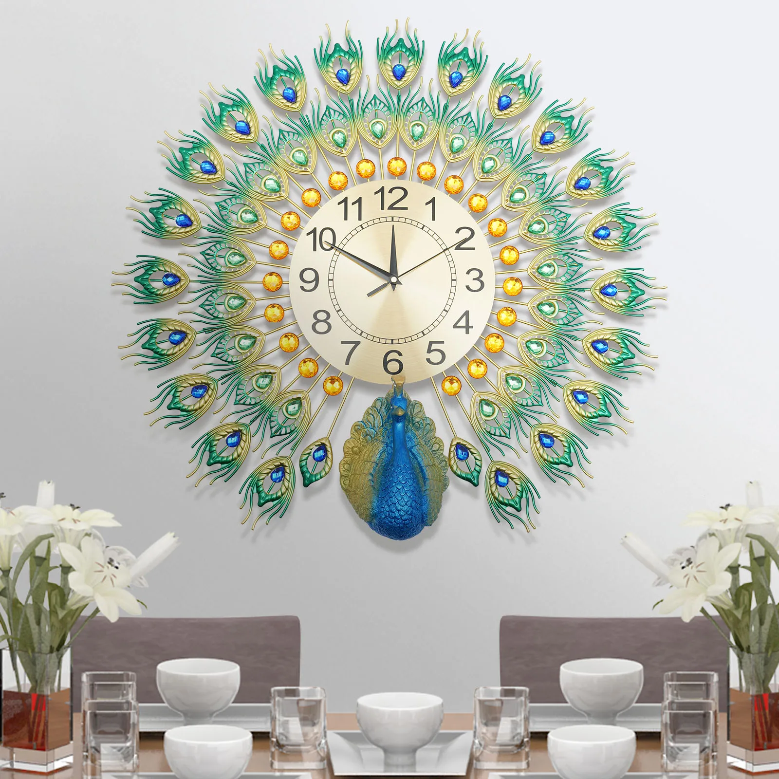 horloge murale silencieuse en métal motif paon décorative intérieure - Image 2