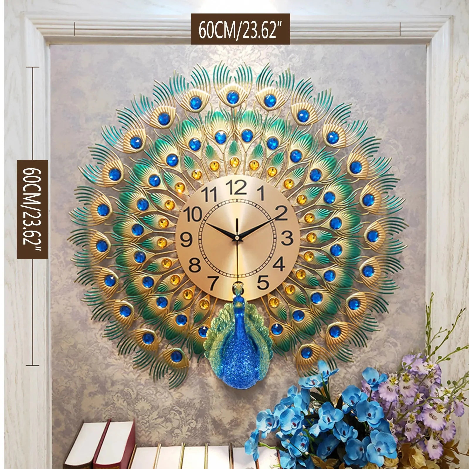 horloge murale silencieuse en métal motif paon décorative intérieure - Image 7