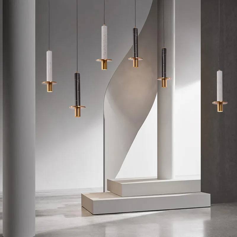 Lampe moderne Terrazzo lustre en marbre projecteur cylindrique suspension Restaurant réception marbre Led lustre trou pierre - Image 10