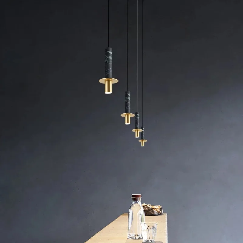 Lampe moderne Terrazzo lustre en marbre projecteur cylindrique suspension Restaurant réception marbre Led lustre trou pierre - Image 3