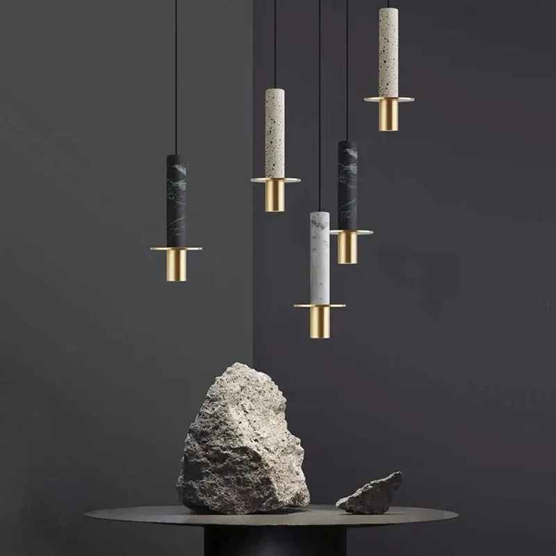 Lampe moderne Terrazzo lustre en marbre projecteur cylindrique suspension Restaurant réception marbre Led lustre trou pierre - Image 4