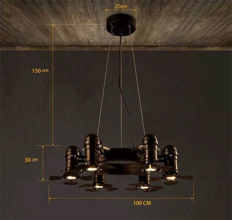 lustre industriel vintage à 6 têtes pour établissements commerciaux - Image 3