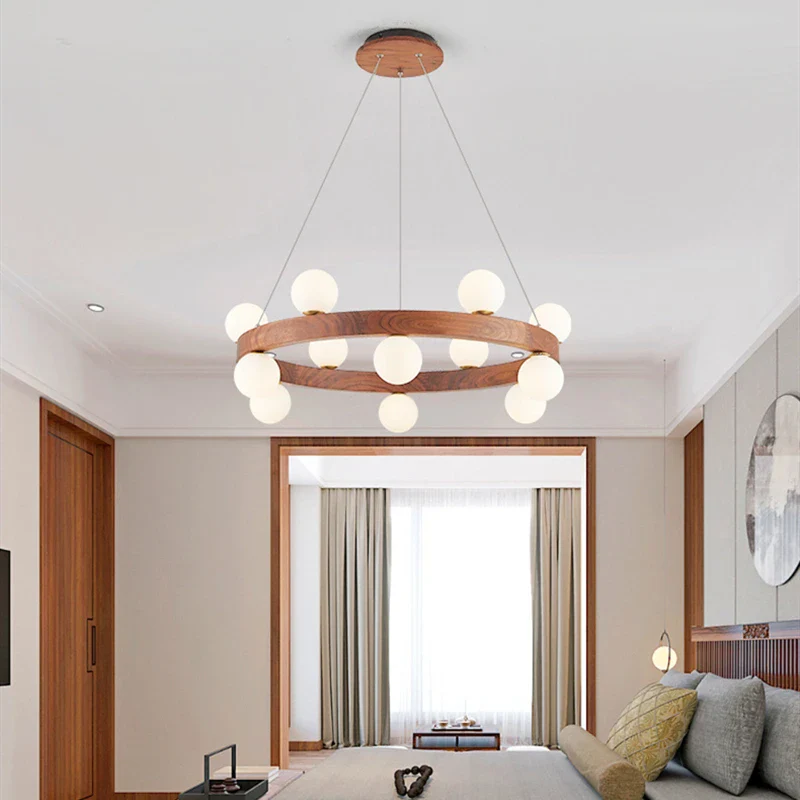 lustre rond en noyer avec ampoules en verre led moderne - Image 4