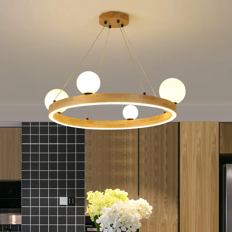 lustre rond moderne en verre et bois pour décoration intérieure - Image 2