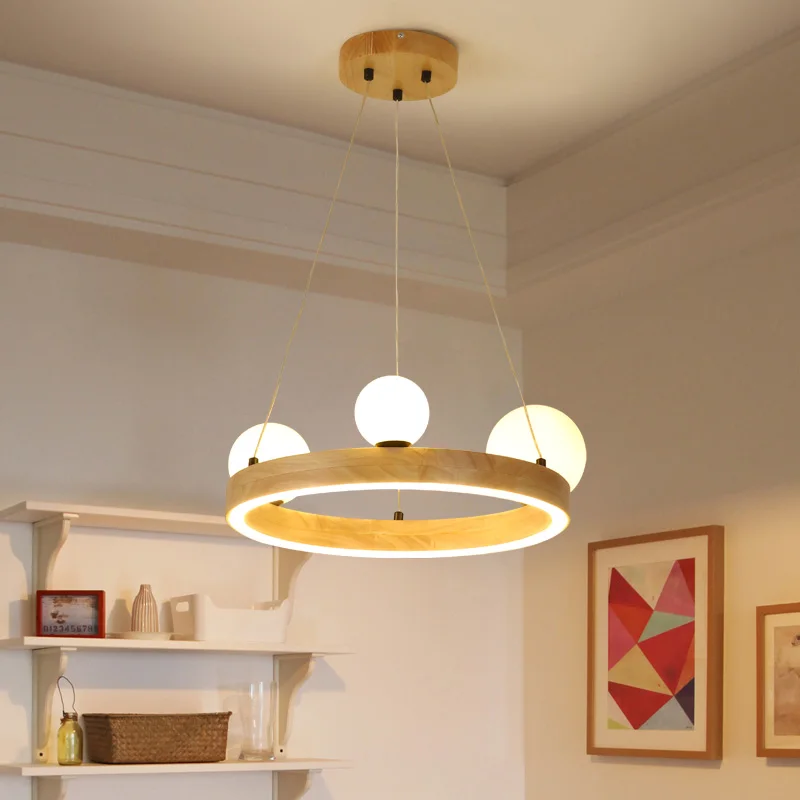 lustre rond moderne en verre et bois pour décoration intérieure - Image 3