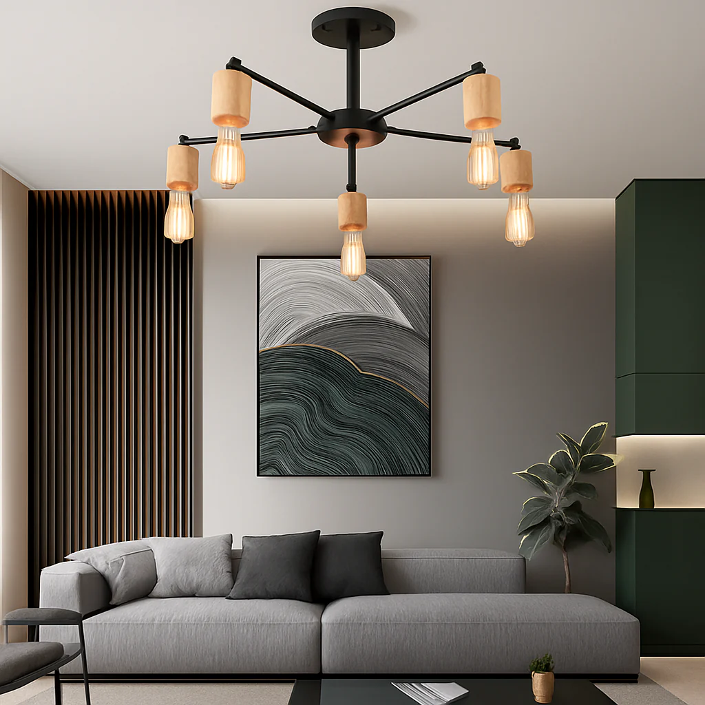 lustre sputnik industriel en bois et fer moderne - Image 2