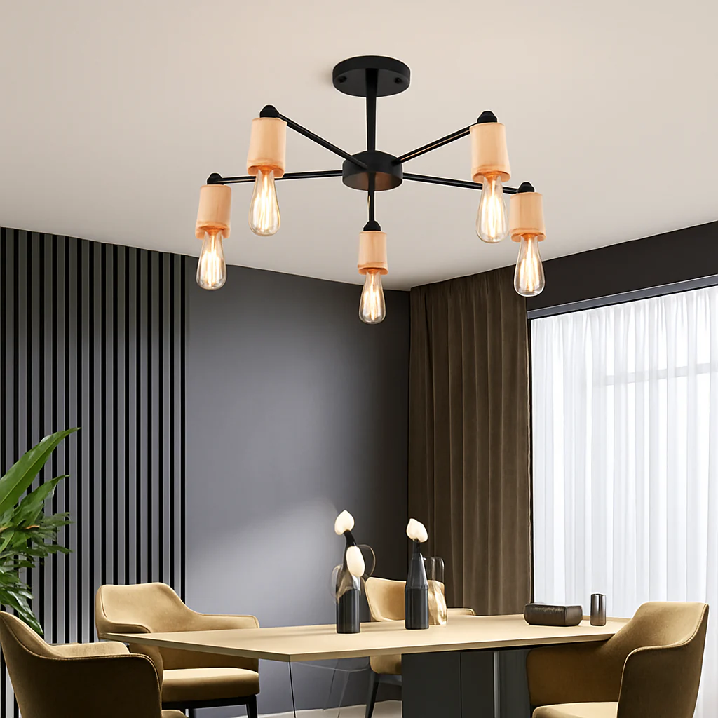lustre sputnik industriel en bois et fer moderne - Image 3