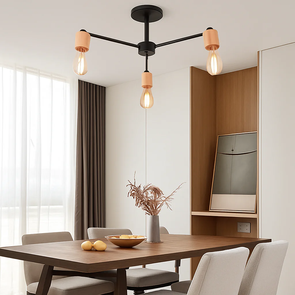 lustre sputnik industriel en bois et fer moderne - Image 4