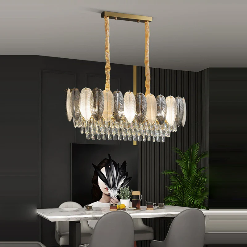 lustre suspendu led art déco avec plumes blanches et grises - Image 6