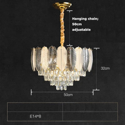 lustre suspendu led art déco en cristal et plumes blanches et grises - Image 10