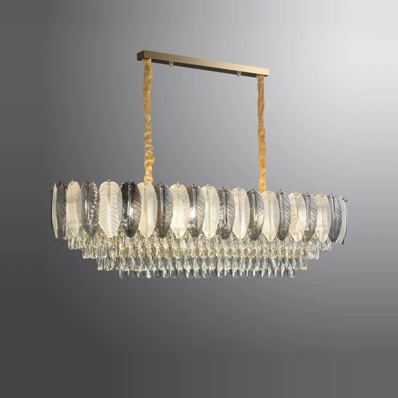 lustre suspendu led art déco en cristal et plumes blanches et grises - Image 2