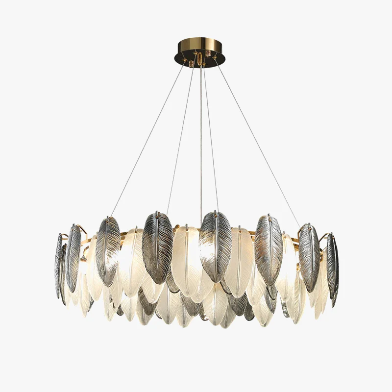 lustre suspendu led art déco en cristal et plumes blanches et grises - Image 3